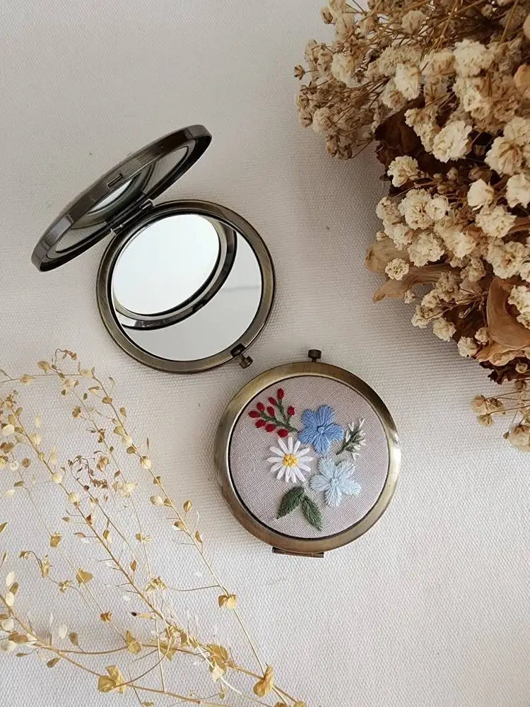 Three Flowers Embroidered Compact Mirror