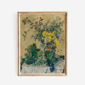 Still Life with Flowers and Grapes Antique Art Print
