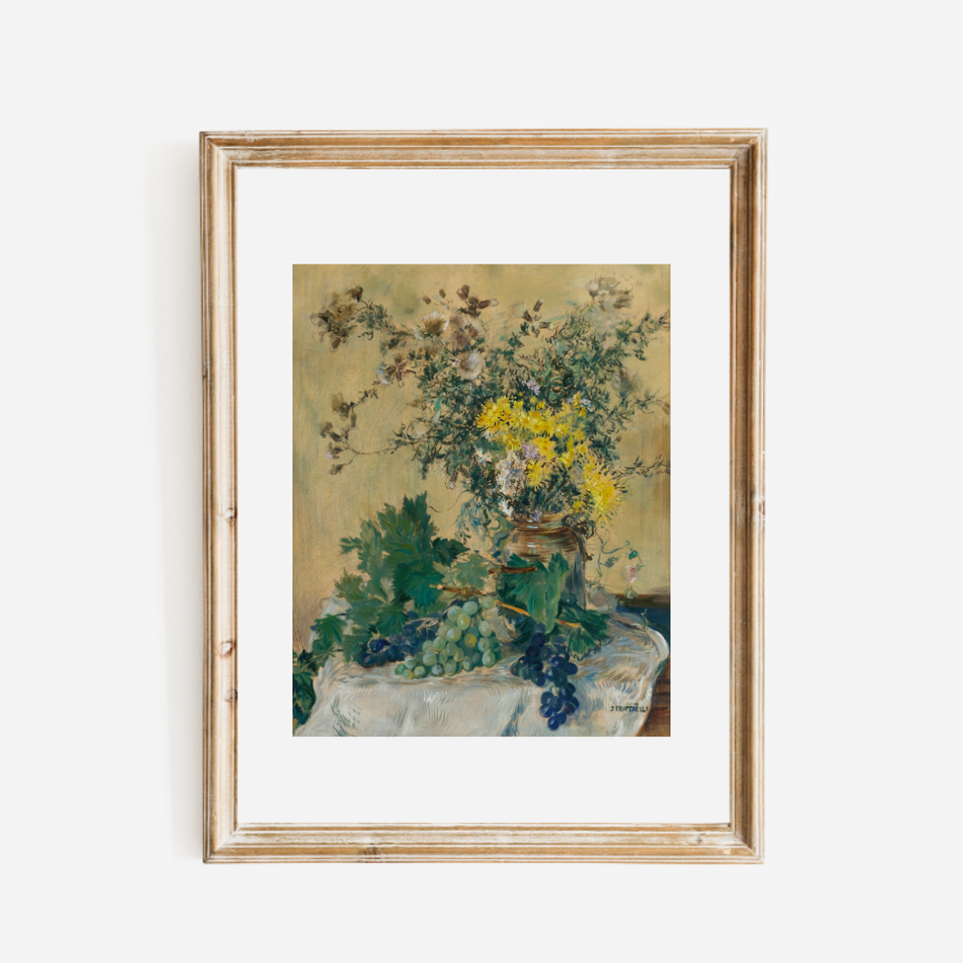 Still Life with Flowers and Grapes Antique Art Print