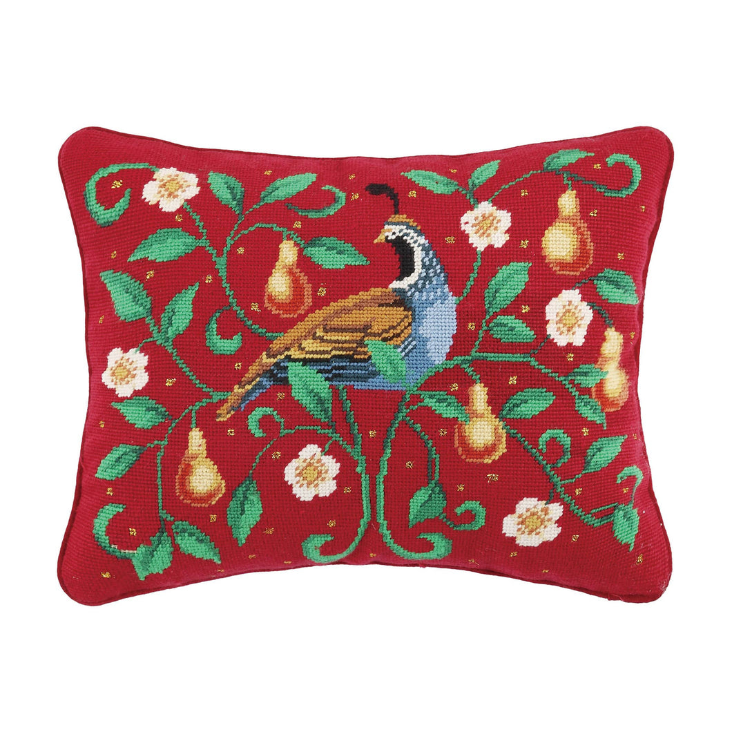 Partridge On Red Needlepoint Pillow